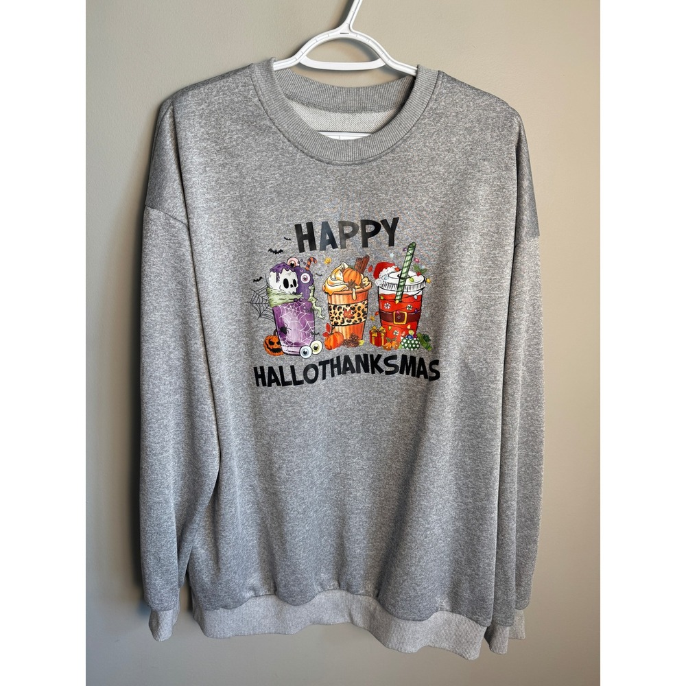 Unbranded Womens Gray Happy Hallothanksmas Sweatshirt XXL Holiday Festive Cozy